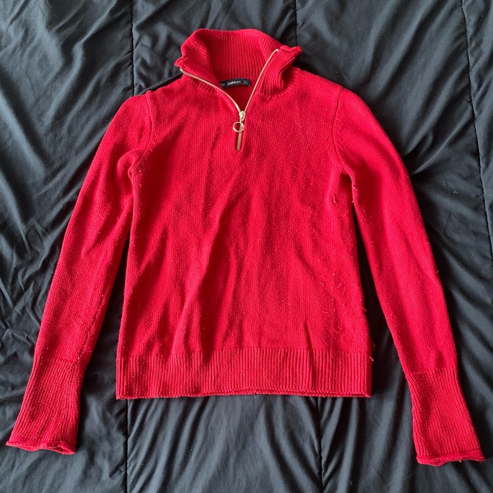 Zara Red Knit Quarter Zip Sweater